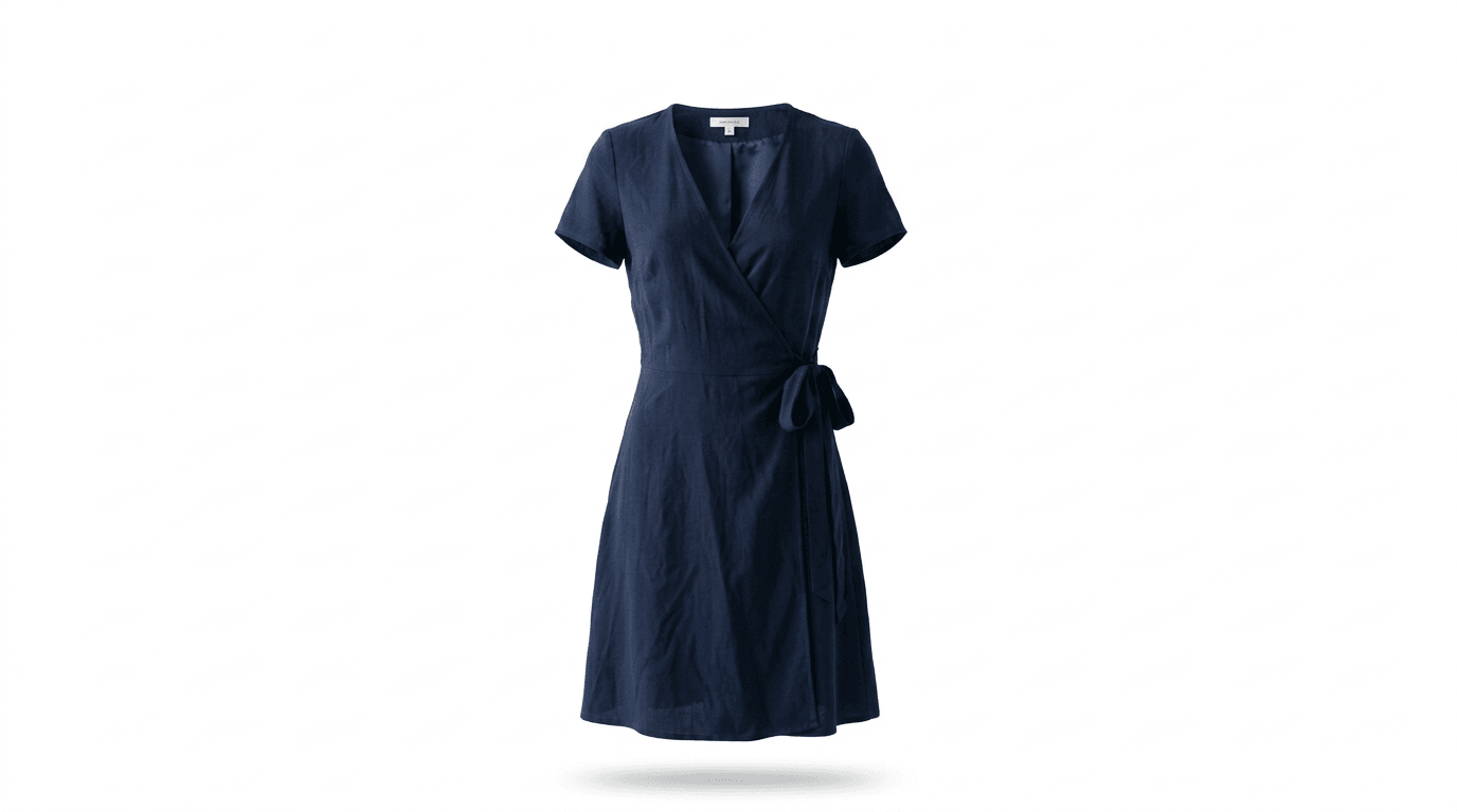 Ghost mannequin · Navy wrap dress — after
