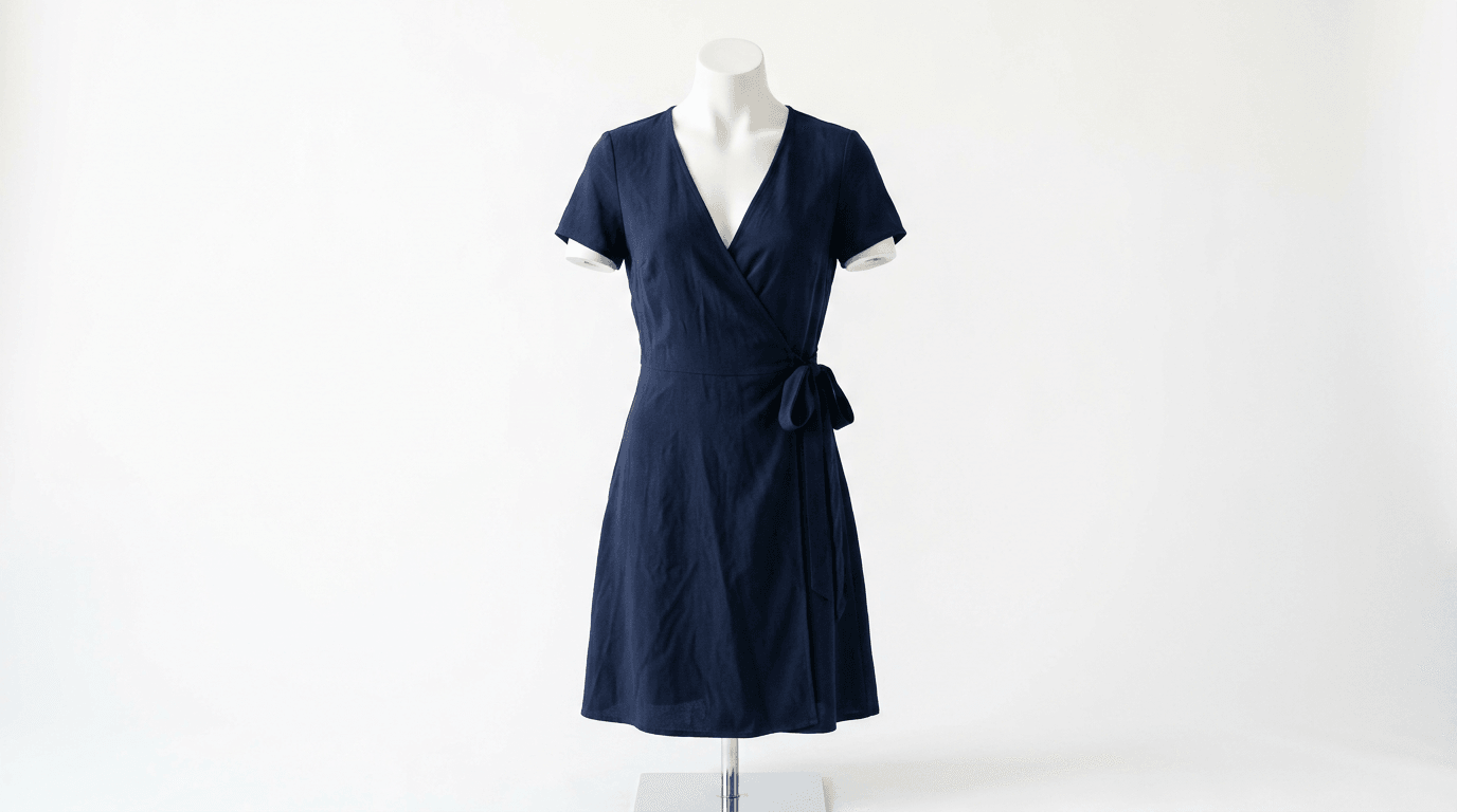 Ghost mannequin · Navy wrap dress — before