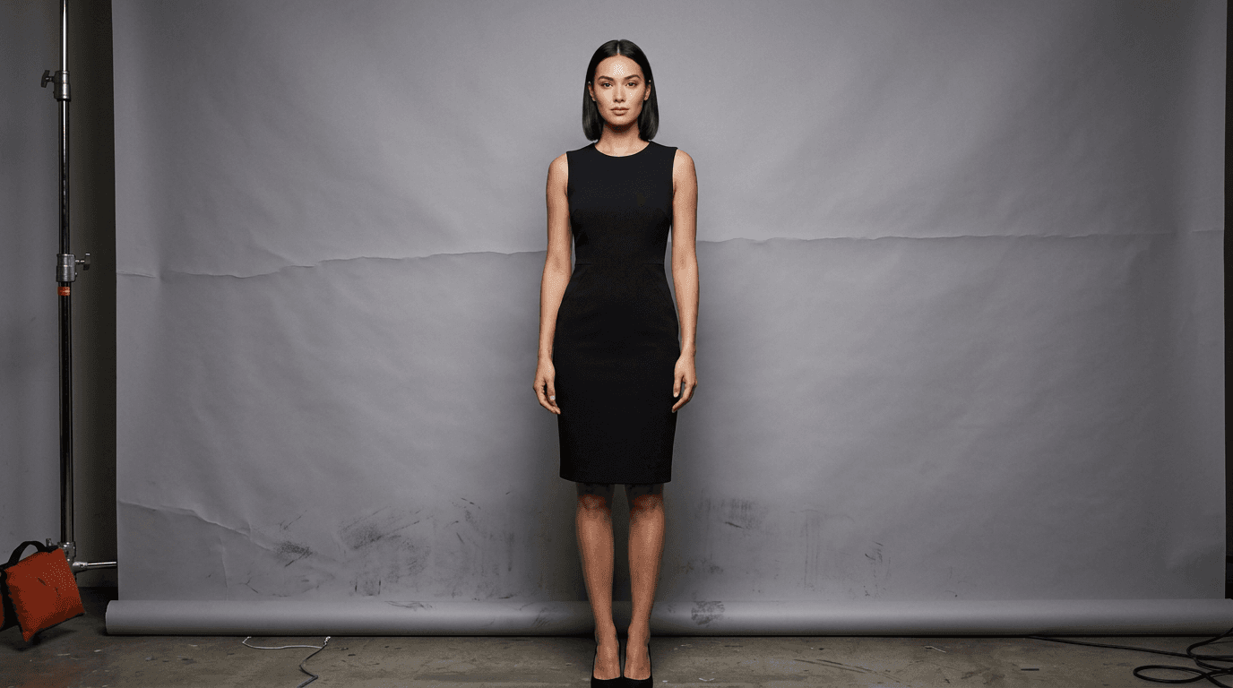 On-Model — Studio Backdrop to Clean White — before