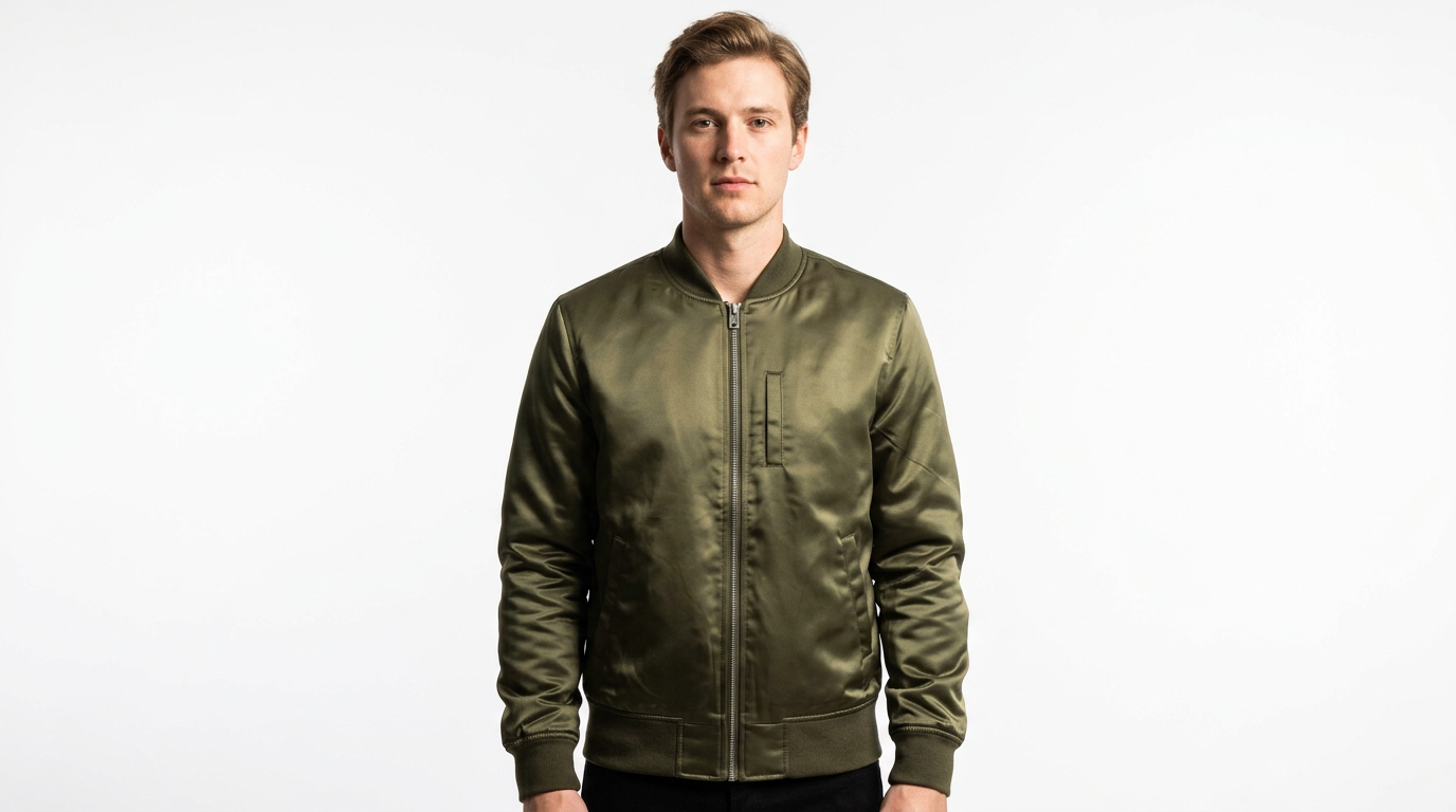 Before: model wearing the olive bomber jacket